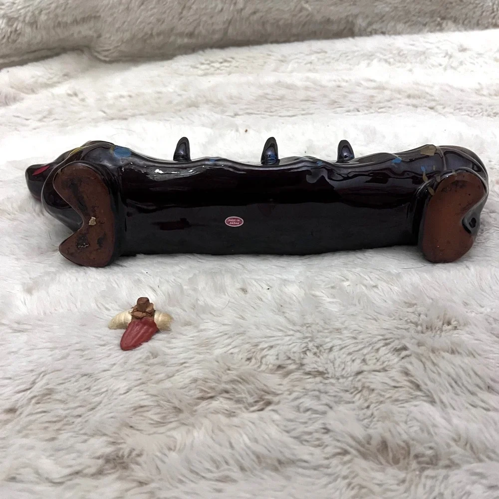 Suki Dachshund Wiener Dog Japanese Decanter Vintage Ceramic Brown Blue Dragonfly